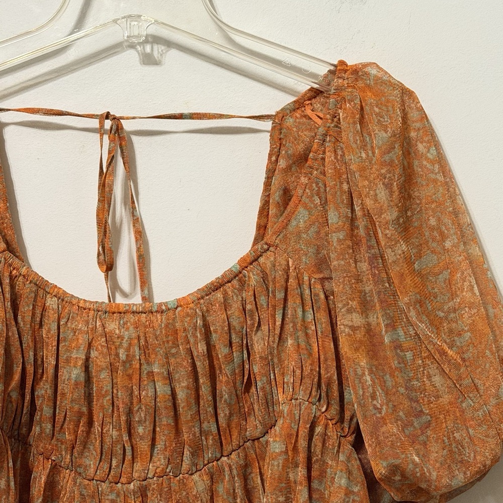 Free People Top XL Penelope Printed Smocked Peplum Top Orange Chiffon Summer NEW - Picture 3 of 10